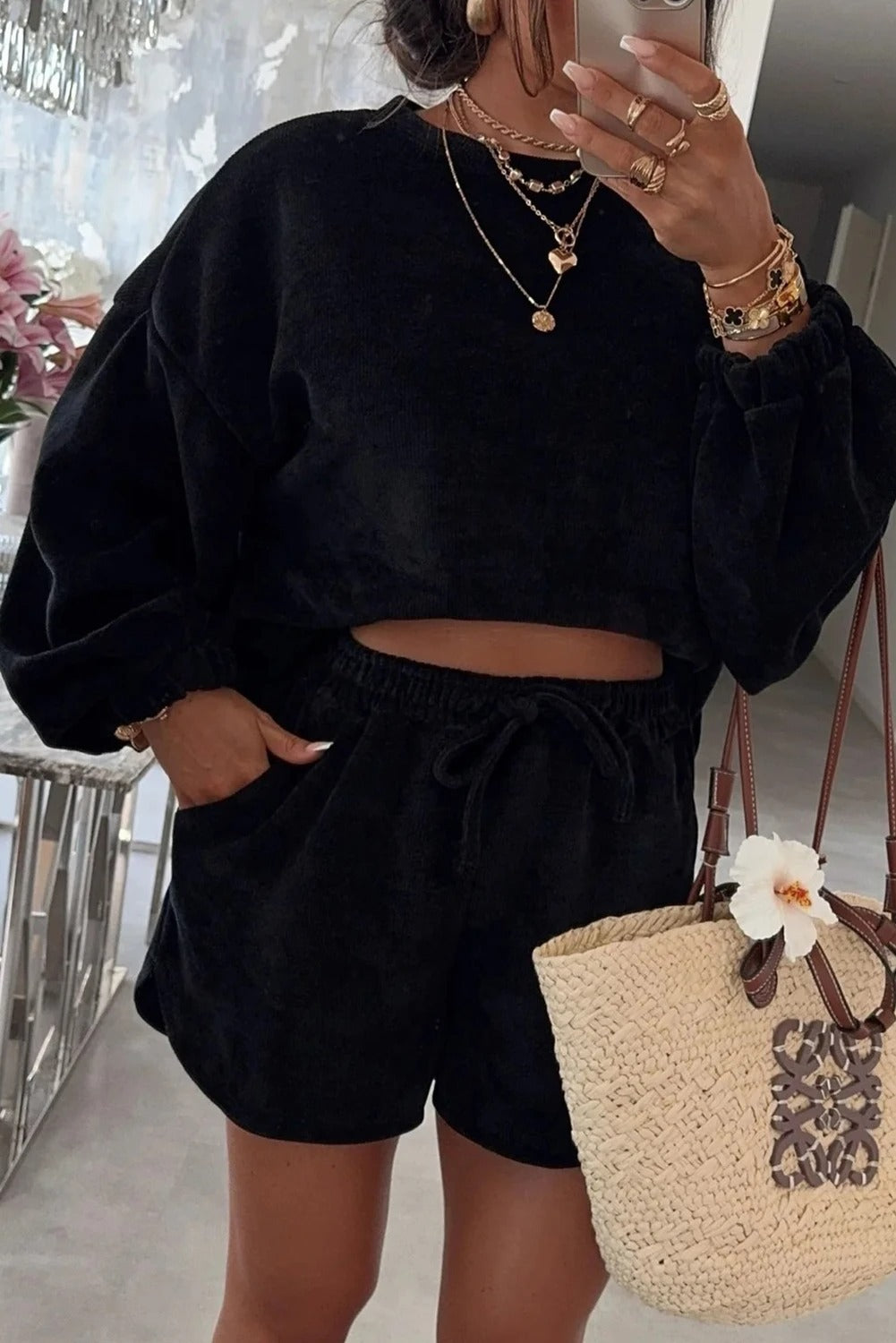 Women's Solid Color Round Neck Homewear Casual Long Sleeve Drawstring Suit