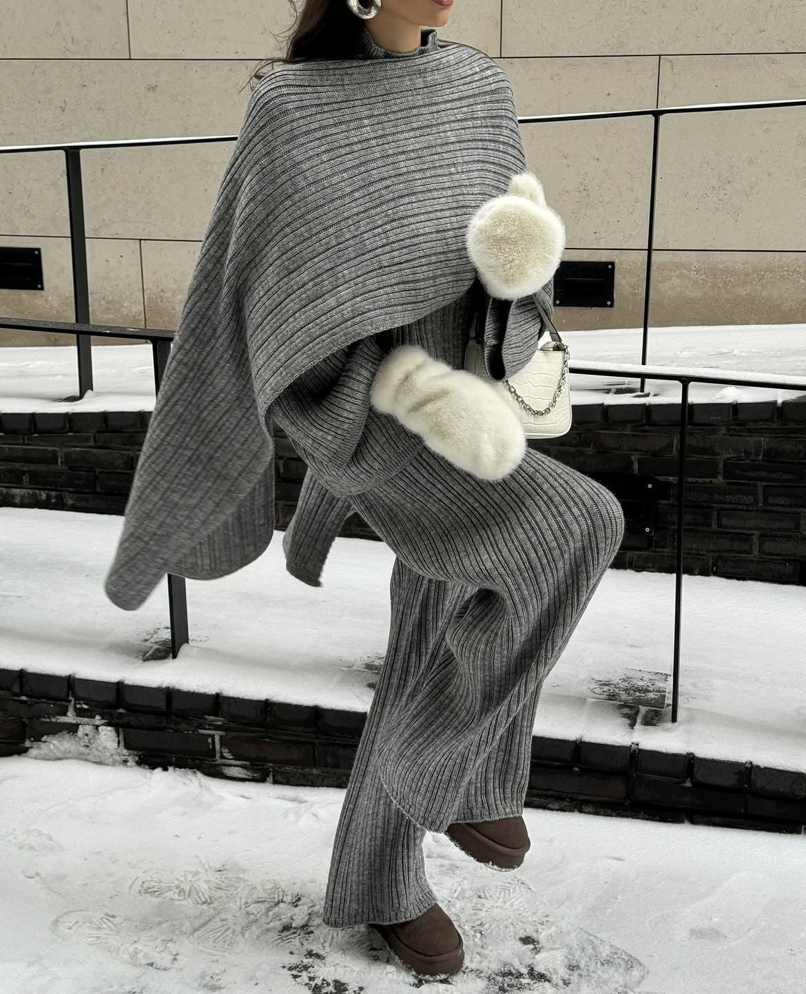 Elegant Style Crew Neck Pullover Sweater Trousers With Scarf Three-piece Set