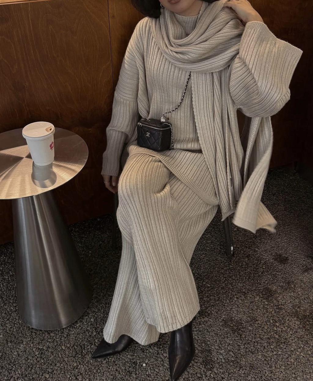 Elegant Style Crew Neck Pullover Sweater Trousers With Scarf Three-piece Set