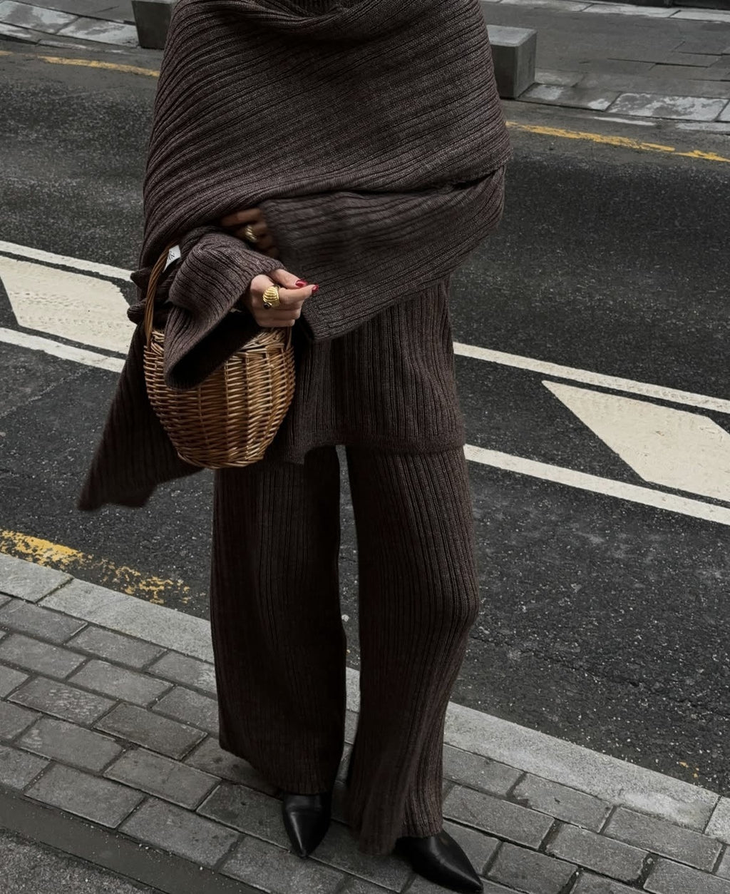 Elegant Style Crew Neck Pullover Sweater Trousers With Scarf Three-piece Set