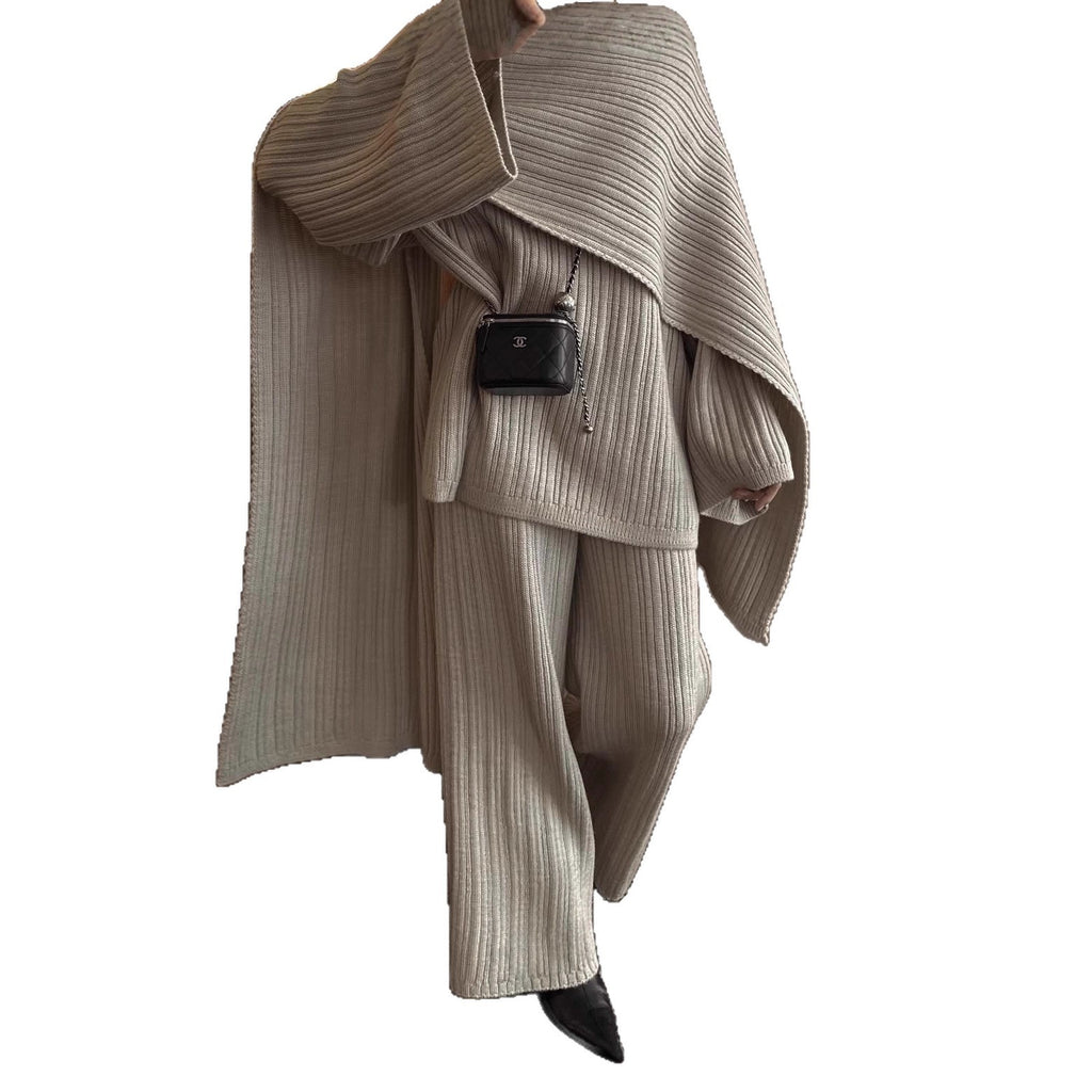 Elegant Style Crew Neck Pullover Sweater Trousers With Scarf Three-piece Set