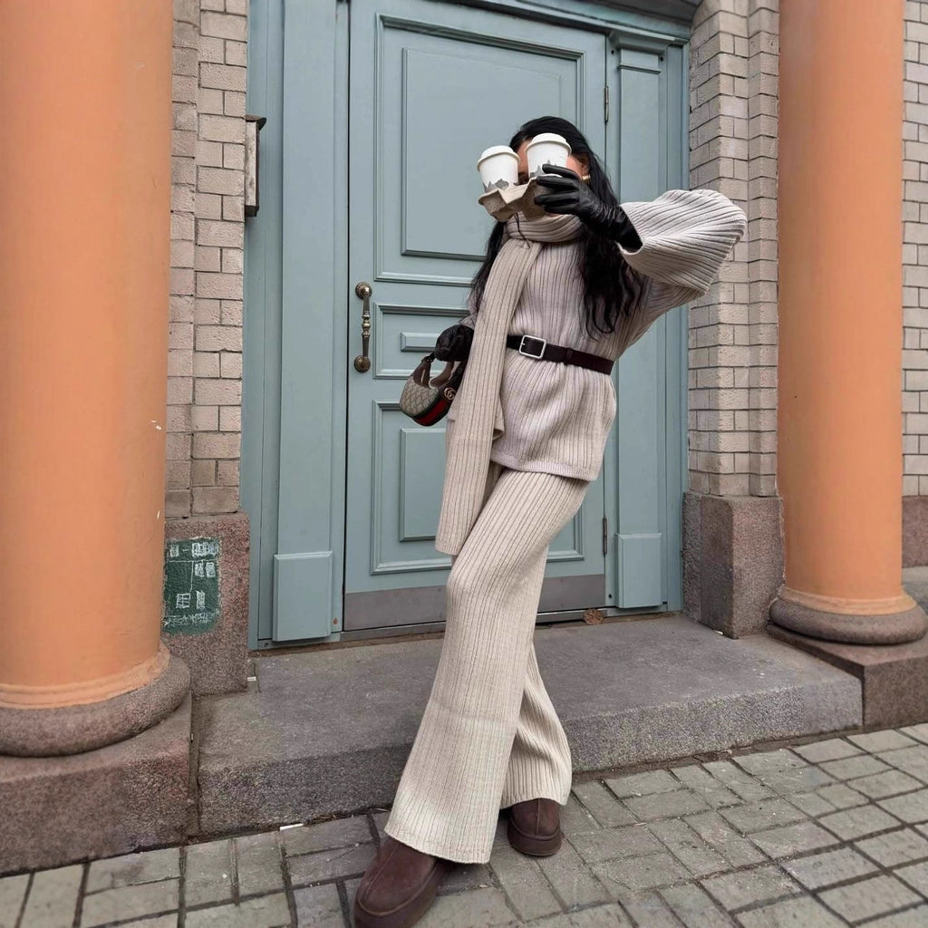 Elegant Style Crew Neck Pullover Sweater Trousers With Scarf Three-piece Set